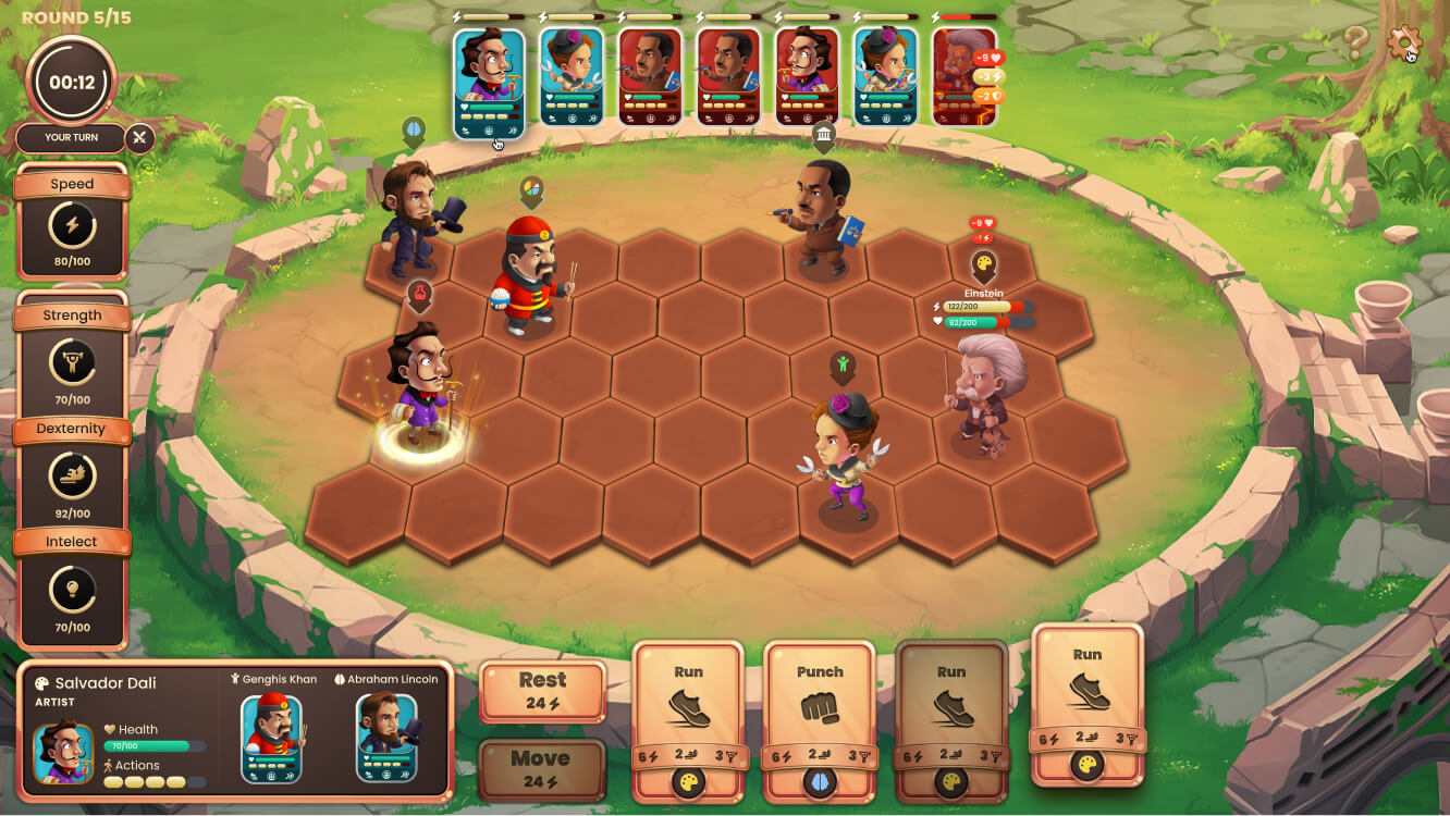 Battle ground screen shot from game with characters and stats and game user interface